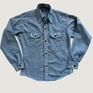 Vintage CPO Blue Chambray Embroidered Western Shirt 70s Nautical Anchor Button S